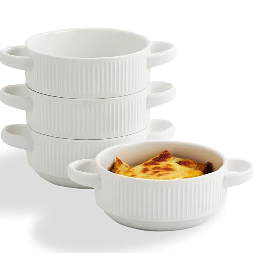 Hoilse Ceramic Soup Bowls with Handles, 20 oz French Onion Soup Bowls Set of 4, Stackable Soup Crocks for Soups, Chili, Beef Stew, Microwave and Oven safe - 5.4inch, White - Image 1