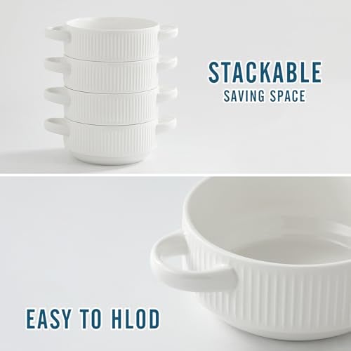 Hoilse Ceramic Soup Bowls with Handles, 20 oz French Onion Soup Bowls Set of 4, Stackable Soup Crocks for Soups, Chili, Beef Stew, Microwave and Oven safe - 5.4inch, White - Image 3