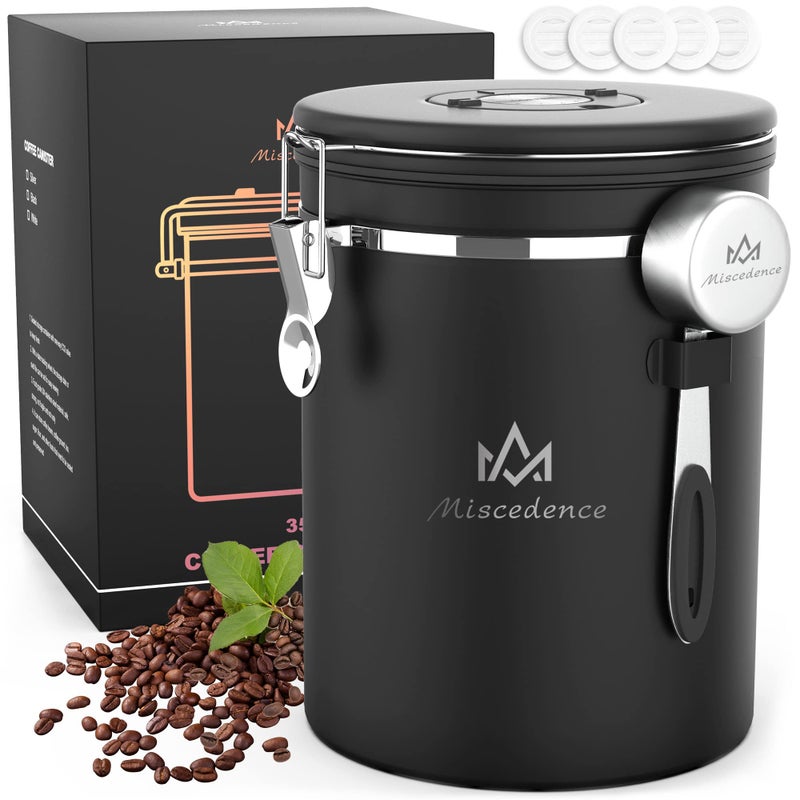 Miscedence 35OZ Coffee Canister for ground coffee with Date Tracker,One Way Co2 Valve 304 Stainless Steel Kitchen Food Airtight storage container for Coffee Beans or Grounds, Sugar Black - Image 1