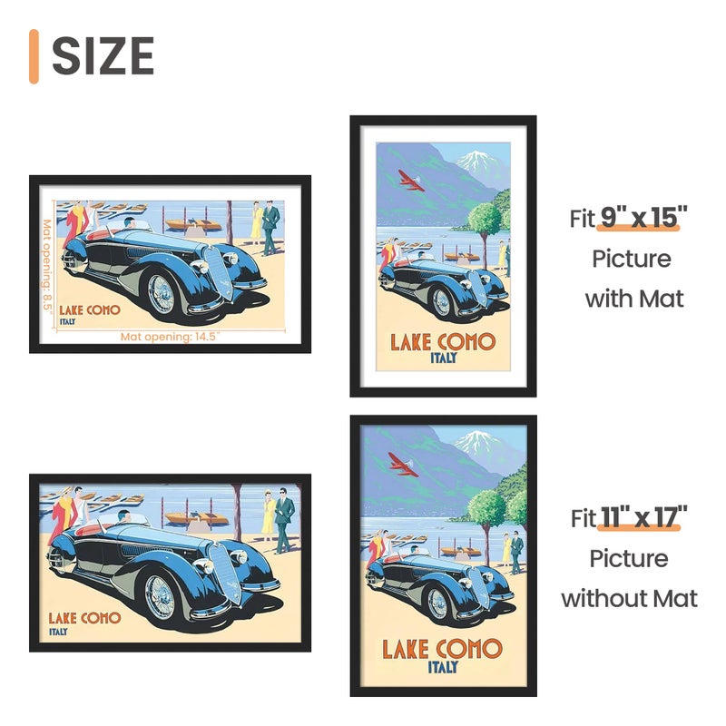 upsimples 11x17 Picture Frame, Display Pictures 9x15 with Mat or 11 x 17 Without, Wall Hanging Poster Frames, Black, 1 Pack - Image 3
