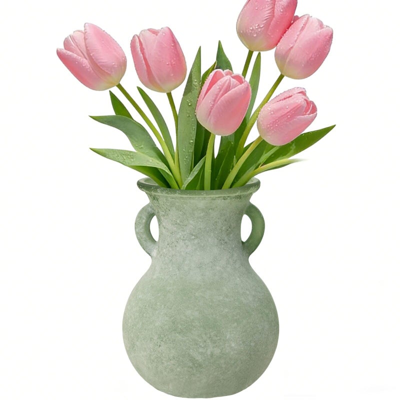 SHMILMH Green Glass Vase with Handles, 7.5 Inch Rustic pottery Style Flower Vase, Vintage Decorative Round Bud Jar for Dried Flowers, Earthy Aesthetic Centerpiece for Modern Farmhouse & Boho Spring Home Decor - Image 1