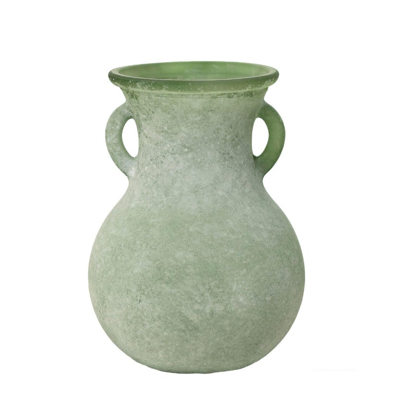 SHMILMH Green Glass Vase with Handles, 7.5 Inch Rustic pottery Style Flower Vase, Vintage Decorative Round Bud Jar for Dried Flowers, Earthy Aesthetic Centerpiece for Modern Farmhouse & Boho Spring Home Decor - Image 2