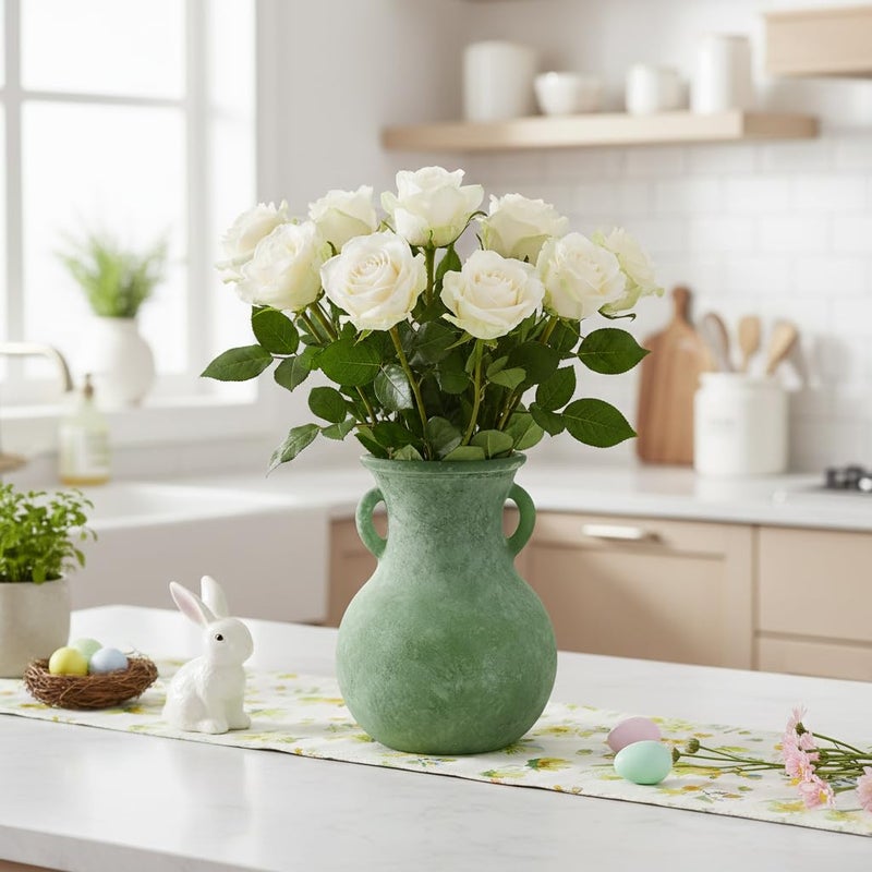 SHMILMH Green Glass Vase with Handles, 7.5 Inch Rustic pottery Style Flower Vase, Vintage Decorative Round Bud Jar for Dried Flowers, Earthy Aesthetic Centerpiece for Modern Farmhouse & Boho Spring Home Decor - Image 3