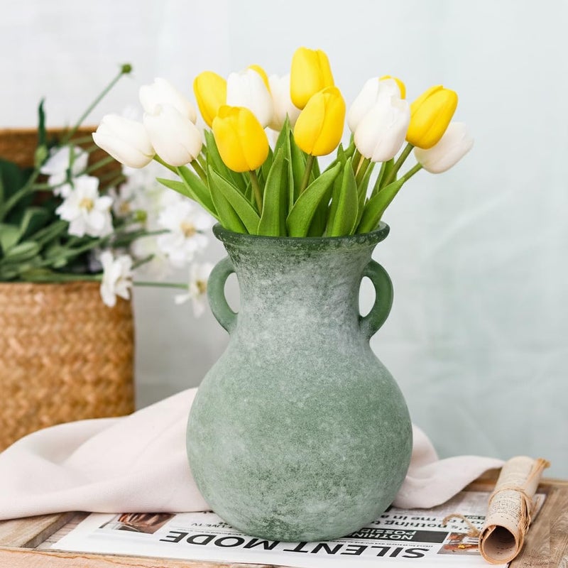 SHMILMH Green Glass Vase with Handles, 7.5 Inch Rustic pottery Style Flower Vase, Vintage Decorative Round Bud Jar for Dried Flowers, Earthy Aesthetic Centerpiece for Modern Farmhouse & Boho Spring Home Decor - Image 5