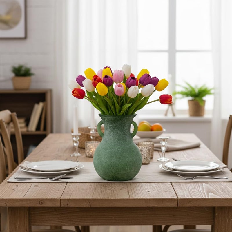 SHMILMH Green Glass Vase with Handles, 7.5 Inch Rustic pottery Style Flower Vase, Vintage Decorative Round Bud Jar for Dried Flowers, Earthy Aesthetic Centerpiece for Modern Farmhouse & Boho Spring Home Decor - Image 4