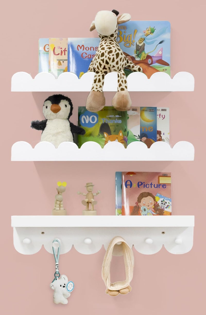 icnjdMopclean Wall Book Shelves for Bedroom Kids with Hooks - Scalloped Shelves for Nursery Set of 3, Nursery Bookshelf for Wall Room Decor, 16 Inch - Image 1