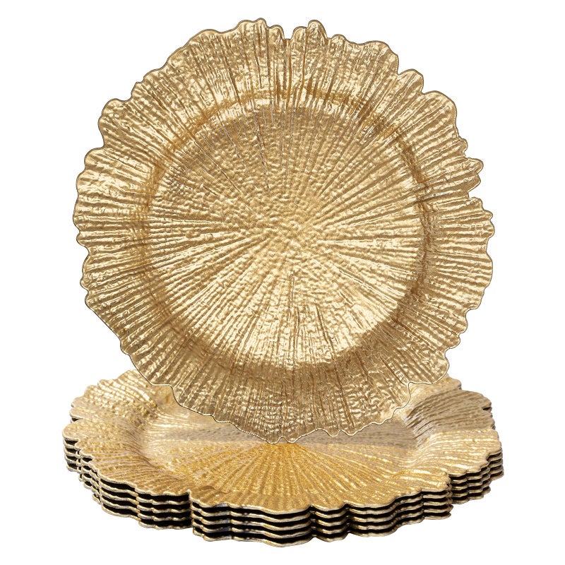 MAONAME Round 13" Gold Charger Plates, Set of 6, Reef Plate Chargers for Dinner Plates, Plastic Table Chargers for Wedding, Thanksgiving, Christmas - Image 1
