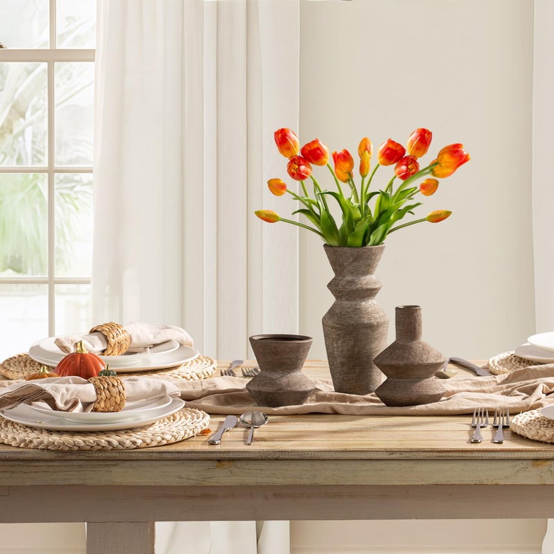 Vanselia Ceramic Vase Home Table Decor - Brown Flower Vase Set of 3 Living Room Kitchen Decorations Farmhouse Modern Rustic Vases Decorative Centerpiece for Shelf Bedroom Office Bathroom Dining Coffee Desk - Image 3