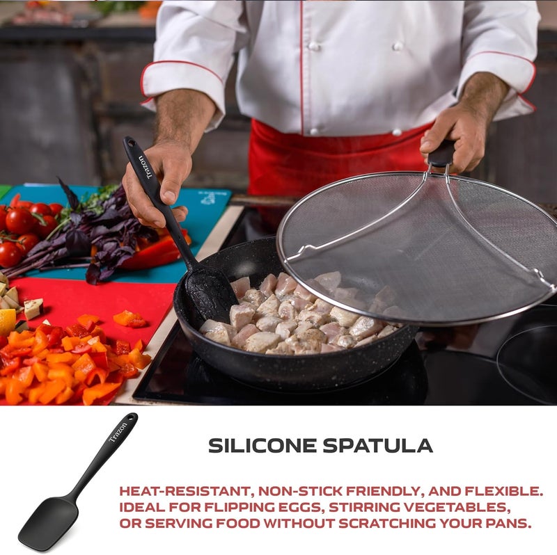 Trazon Grease Splatter Screen for Frying Pan 13 inch - Stops 99% of Hot Oil Splash - Protects Skin from Burns - Splatter Guard for Cooking - Iron Skillet Lid Keeps Kitchen Clean, includes Silicone Spatula - Image 5