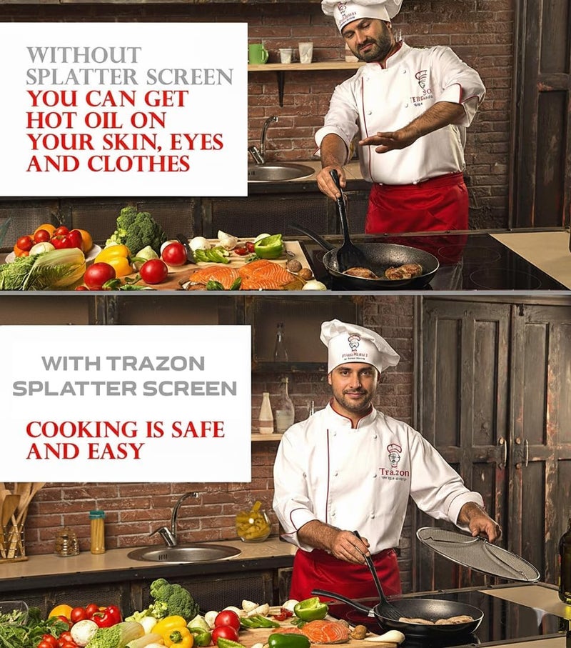 Trazon Grease Splatter Screen for Frying Pan 13 inch - Stops 99% of Hot Oil Splash - Protects Skin from Burns - Splatter Guard for Cooking - Iron Skillet Lid Keeps Kitchen Clean, includes Silicone Spatula - Image 3