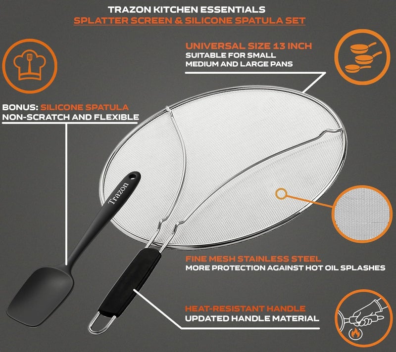 Trazon Grease Splatter Screen for Frying Pan 13 inch - Stops 99% of Hot Oil Splash - Protects Skin from Burns - Splatter Guard for Cooking - Iron Skillet Lid Keeps Kitchen Clean, includes Silicone Spatula - Image 2