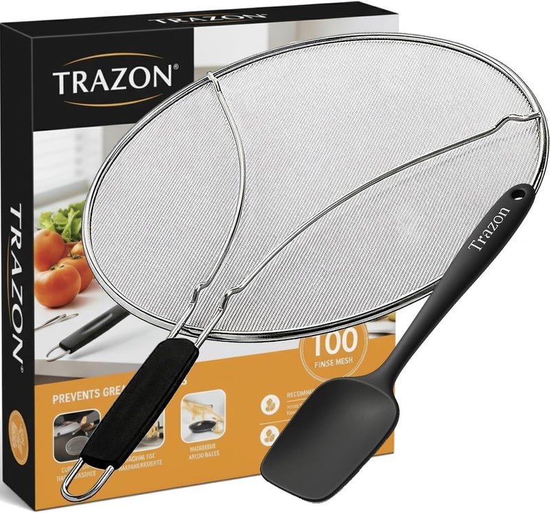 Trazon Grease Splatter Screen for Frying Pan 13 inch - Stops 99% of Hot Oil Splash - Protects Skin from Burns - Splatter Guard for Cooking - Iron Skillet Lid Keeps Kitchen Clean, includes Silicone Spatula - Image 1