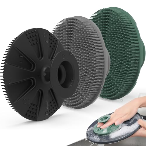 BEAUTAIL Silicone Sponge 3 Pack, BEAUTAIL Non-Scratch Scrub Sponges, for Washing Dishes and Cleaning Kitchen, Long Lasting and Reusable Dishwashing Scrubber, Suction Up Hang Designed, Black+Olive Green+Gray - Image 1