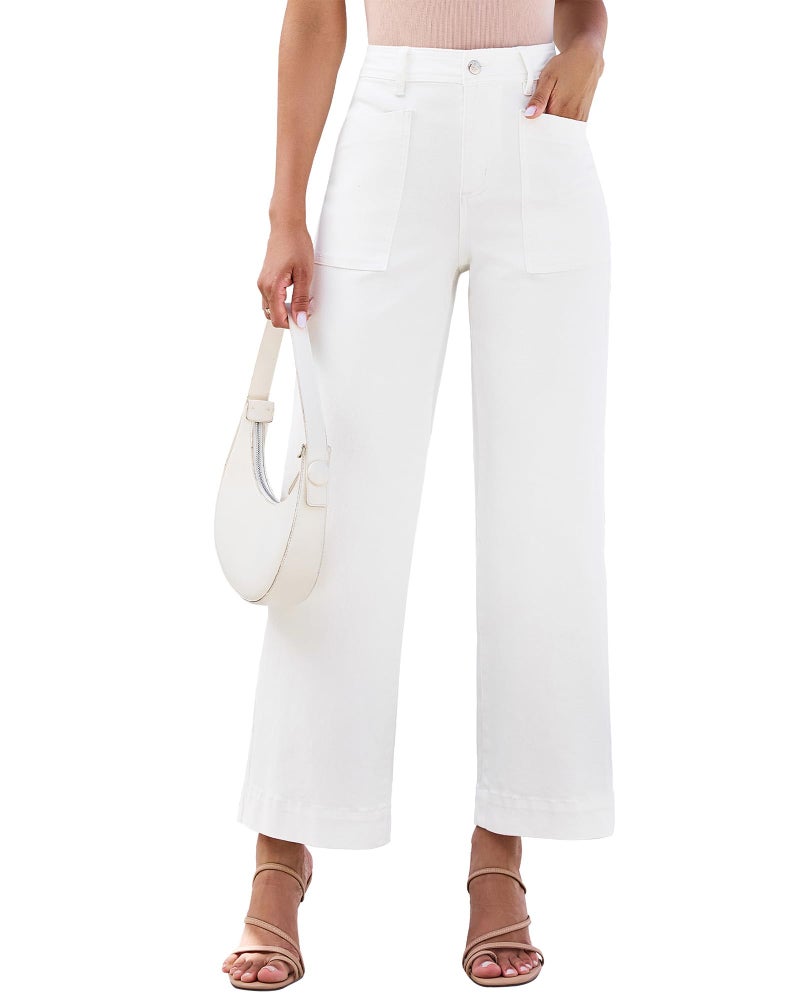 luvamia Ankle Jeans White Jeans Women High Waisted Ankle Length Pants for Women Wide Leg Trendy High Waisted Patch Pocket Length Stretchy Denim Pants Cream White Size Small US 4 to 6 - Image 1