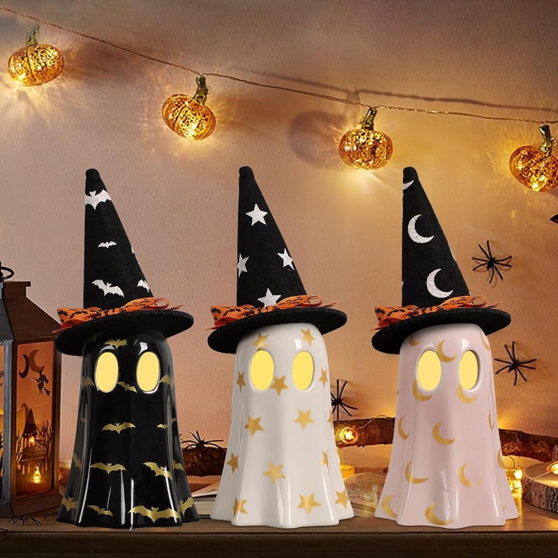 DAZONGE Halloween Decor Indoor, Set of 3 Ceramic Ghosts with Witch Hats, Cute Spooky Ghost Figurines for Mantel, Shelf & Tabletop Decor, Halloween Decorations - Image 1