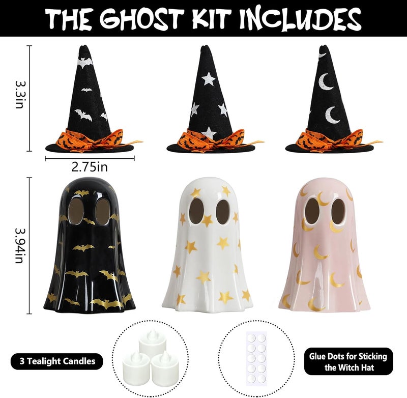 DAZONGE Halloween Decor Indoor, Set of 3 Ceramic Ghosts with Witch Hats, Cute Spooky Ghost Figurines for Mantel, Shelf & Tabletop Decor, Halloween Decorations - Image 4