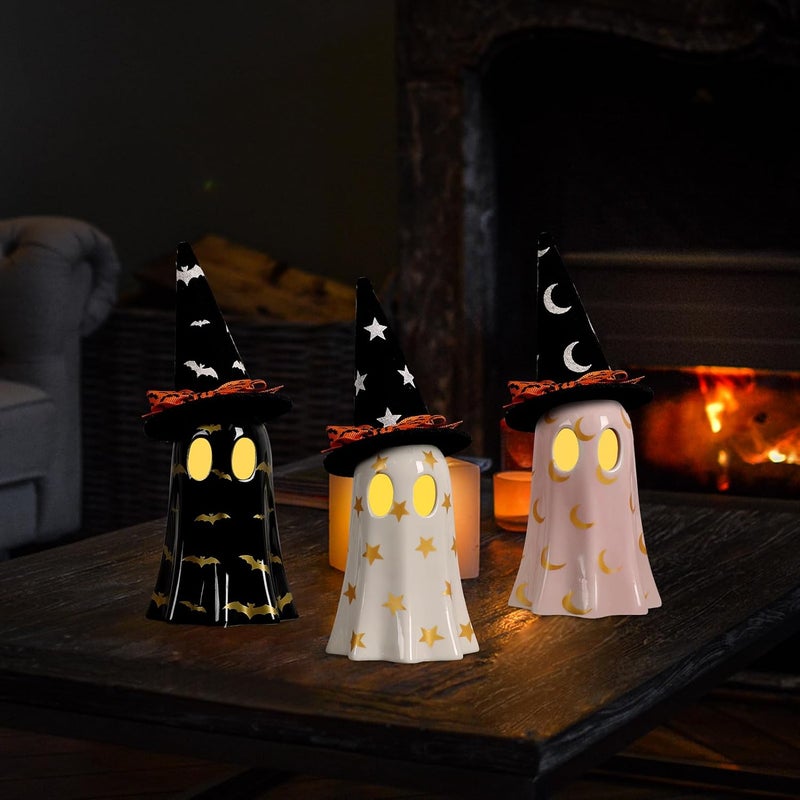 DAZONGE Halloween Decor Indoor, Set of 3 Ceramic Ghosts with Witch Hats, Cute Spooky Ghost Figurines for Mantel, Shelf & Tabletop Decor, Halloween Decorations - Image 3