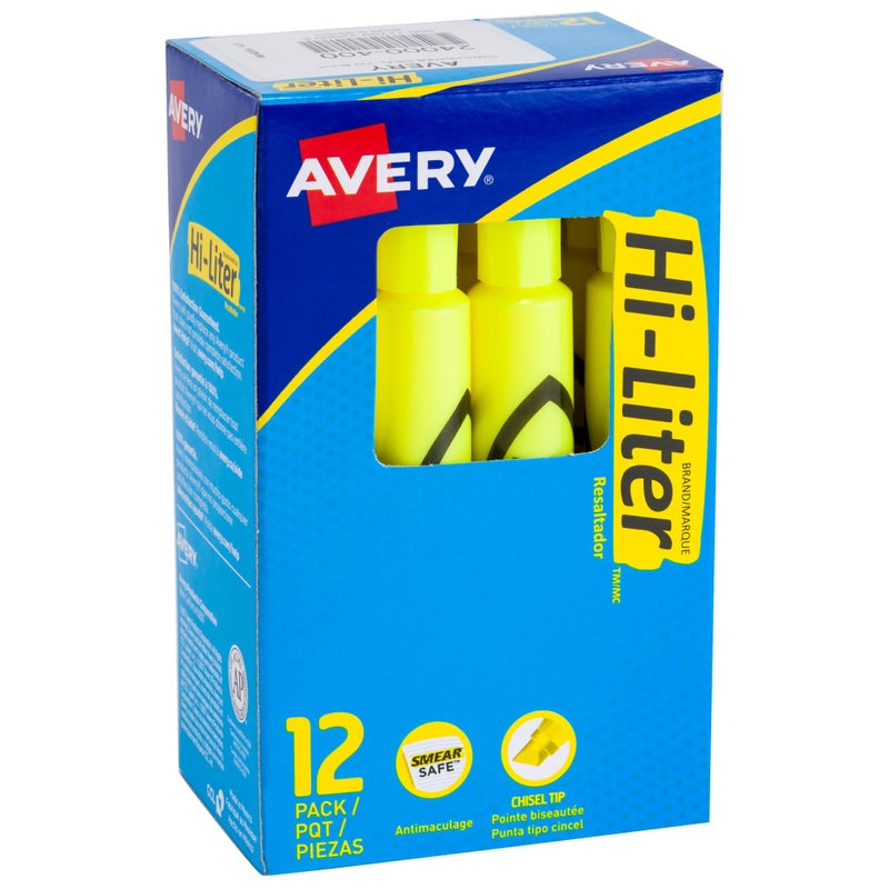Avery Hi-Liter Desk-Style Highlighters, Smear Safe Ink, Chisel Tip, 12 Fluorescent Yellow Highlighters (24000) - Image 1