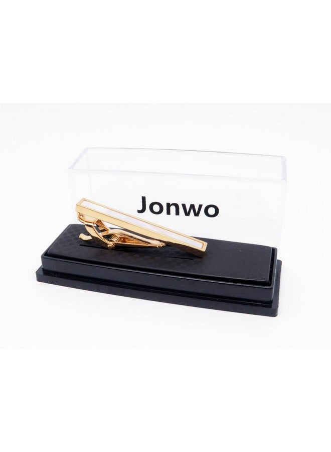 Jonwo Square Mother Of Pearl Men Cufflinks And Tie Clip Set Handmade Silver Gold Men Tie Clip Cufflinks Tie Pin For Wedding Business Shirt Necktie (Gold Plated Tie Clip) - Image 3