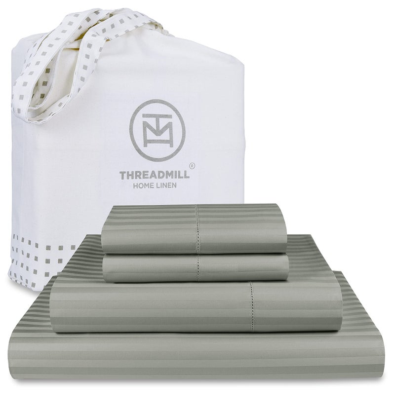 Threadmill 100 Cotton Sheets for Full Size Bed  600 Thread Count Full Bed Sheets Set with 16 Deep Pocket  Damask Stripe Sateen Weave 4Piece Bedding Set with Cooling Effect Moonrock Grey