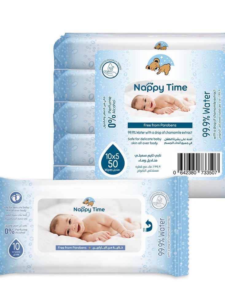 Nappy time Nappy Time Baby Wipes Travel Pack 99.9% Water 10s'x5 (50 sheets)  - Image 1