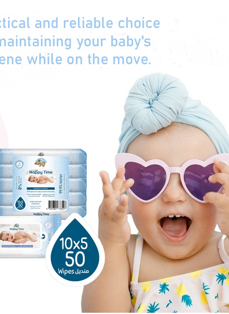 Nappy time Nappy Time Baby Wipes Travel Pack 99.9% Water 10s'x5 (50 sheets)  - Image 2