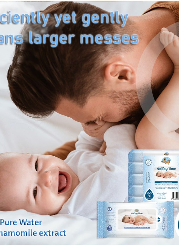 Nappy time Nappy Time Baby Wipes Travel Pack 99.9% Water 10s'x5 (50 sheets)  - Image 3