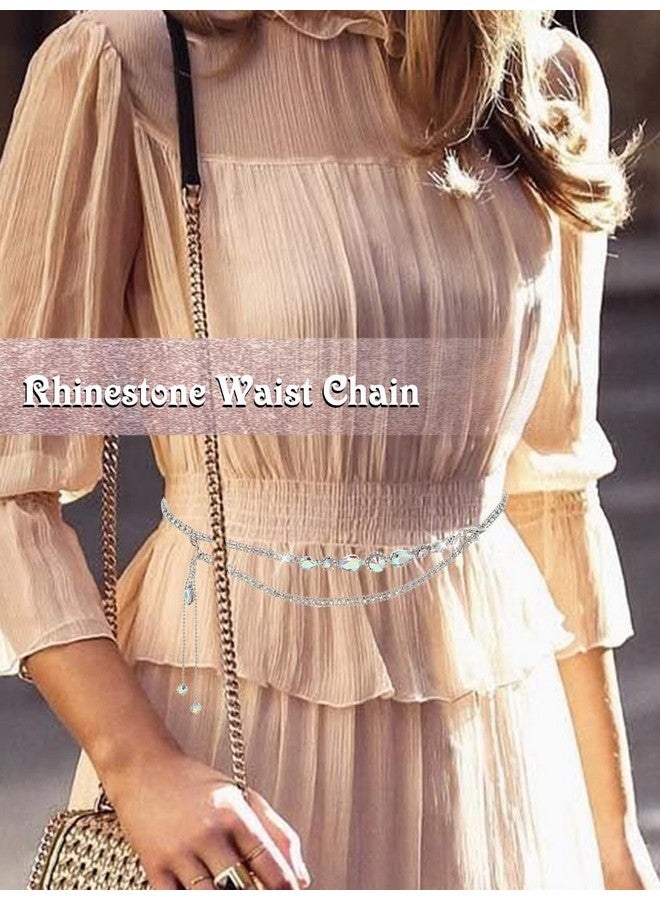 Urieo Rhinestone Waist Chain Belt Crystal Silver Belly Chains Adjustable Bikini Dress Chain Belts Body Jewelry Accessories For Women - Image 3