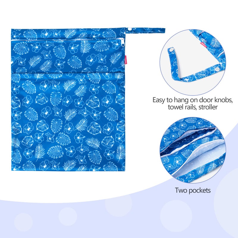 Damero 2 Pcs Wet Dry Bag for Cloth Diaper, Swimsuit, Clothes, Water-Resistant Reusable Wet Bag for Travel, Exercise, Beach, Pool, Daycare, Blue Flowers - Image 2