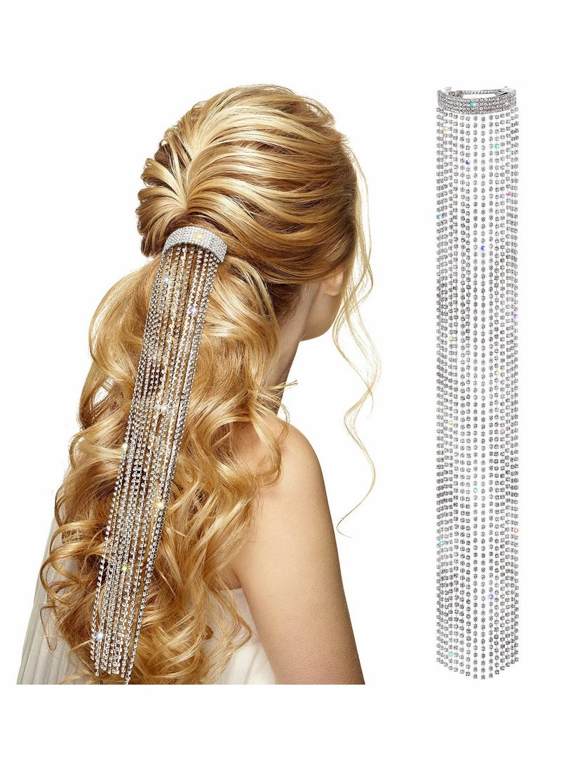 Y&D Rhinestones Long Chain Tassel Hairwear, Braid Hair Shiny Hairpin for Women Girls Jewelry Ponytail Holder, Chains Length 15.7inch / 40cm (Silver) - Image 1