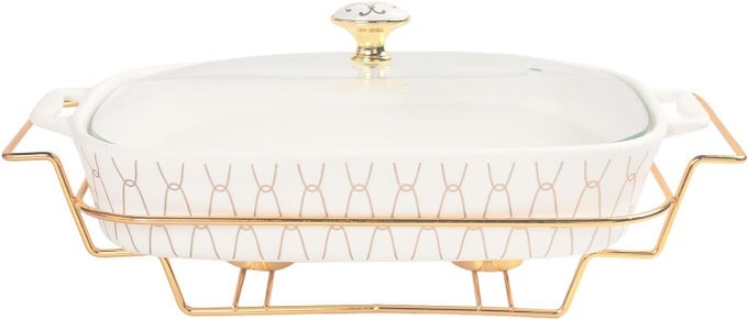 CERAMIC CASSEROLE DISH WITH GLASS LID AND RACK 68 OUNCE SERVING SOUP TUREENCHAFING DISH FOR BUFFET FAMILY FOOD PRESERVE TRAY CATERING CASSEROLE FOR PARTY STYLE WHITE 152 INCH