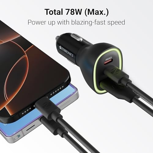 Zebronics 78W Car Charger with Multi-Output - Dual Type-C (30W+30W) & 1 USB (18W), PPS Tech, Rapid Charging, 1m Type-C 60W Cable, Compact, for Smartphones, iPhones, Tablets, Earbuds (CC78) - Image 3