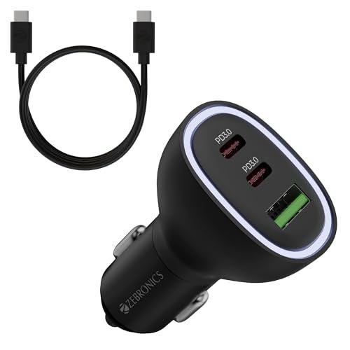 Zebronics 78W Car Charger with Multi-Output - Dual Type-C (30W+30W) & 1 USB (18W), PPS Tech, Rapid Charging, 1m Type-C 60W Cable, Compact, for Smartphones, iPhones, Tablets, Earbuds (CC78) - Image 1