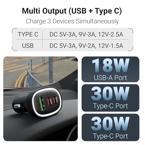 Zebronics 78W Car Charger with Multi-Output - Dual Type-C (30W+30W) & 1 USB (18W), PPS Tech, Rapid Charging, 1m Type-C 60W Cable, Compact, for Smartphones, iPhones, Tablets, Earbuds (CC78) - Image 2
