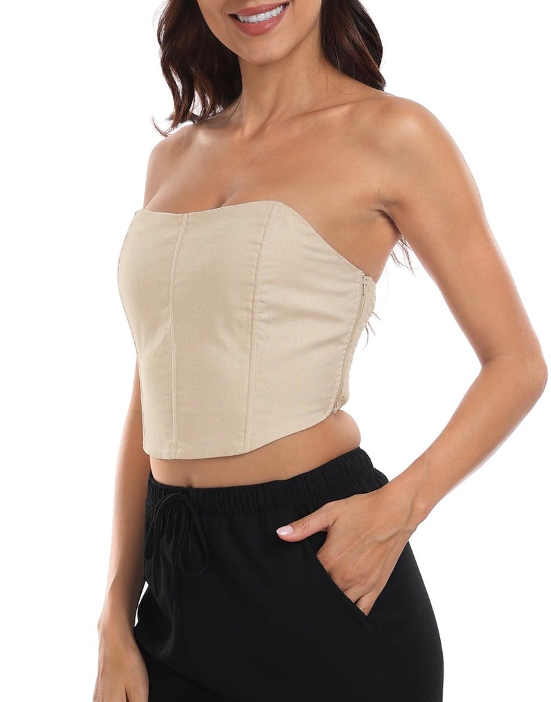 HDE Women's Strapless Linen Corset Y2K Crop Top Bustier Body Shaper Bandeau Top Beige - M - Image 5