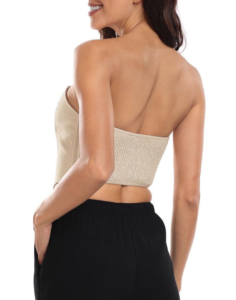 HDE Women's Strapless Linen Corset Y2K Crop Top Bustier Body Shaper Bandeau Top Beige - M - Image 4