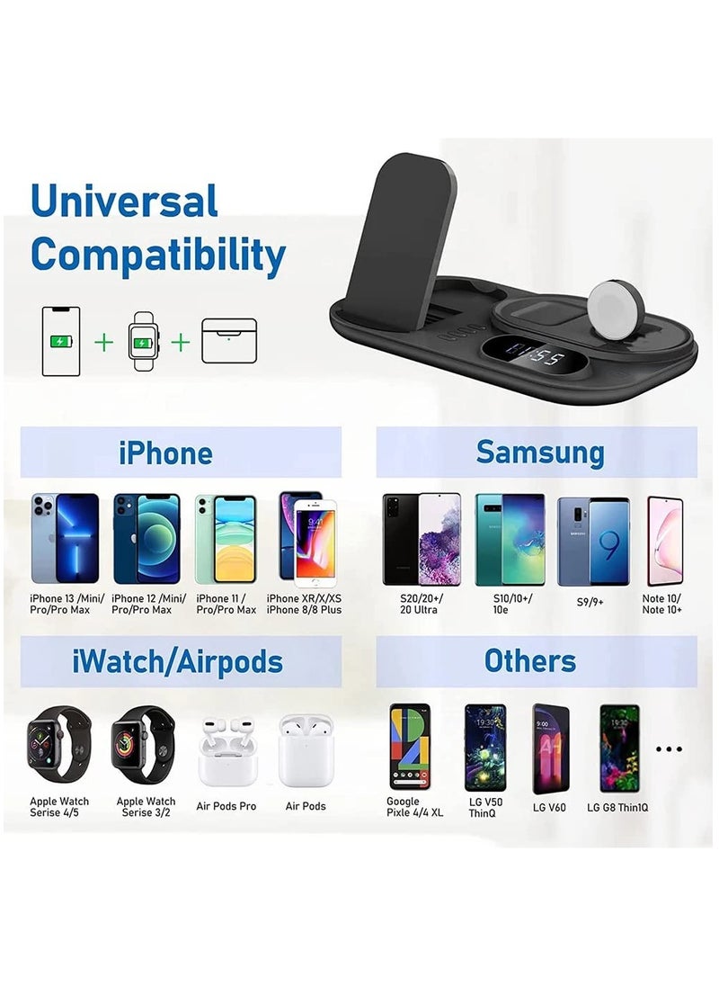 Rock Pow - 4 in 1 Wireless Charger Station,15W Qi Wireless Fast Charging Stand, Foldable LED Station Charger Stand, Fast Charger Stations for Apple iPhone 13/12/AirPods/Pro/iWatch/Samsung S20/S10 Black - Image 1