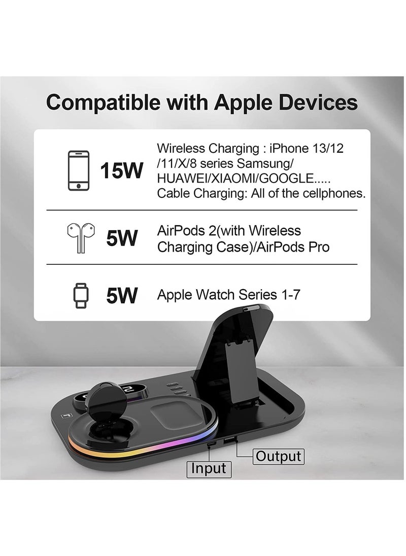 Rock Pow - 4 in 1 Wireless Charger Station,15W Qi Wireless Fast Charging Stand, Foldable LED Station Charger Stand, Fast Charger Stations for Apple iPhone 13/12/AirPods/Pro/iWatch/Samsung S20/S10 Black - Image 1