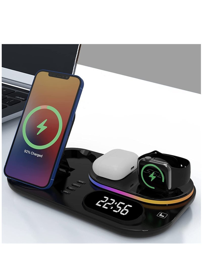 Rock Pow - 4 in 1 Wireless Charger Station,15W Qi Wireless Fast Charging Stand, Foldable LED Station Charger Stand, Fast Charger Stations for Apple iPhone 13/12/AirPods/Pro/iWatch/Samsung S20/S10 Black - Image 1