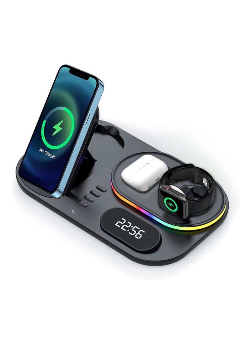 Rock Pow - 4 in 1 Wireless Charger Station,15W Qi Wireless Fast Charging Stand, Foldable LED Station Charger Stand, Fast Charger Stations for Apple iPhone 13/12/AirPods/Pro/iWatch/Samsung S20/S10 Black - Image 1