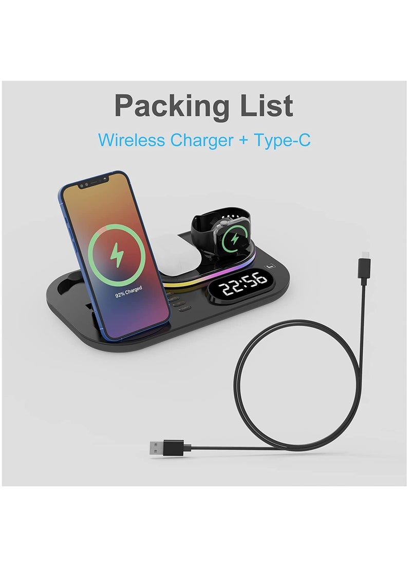 Rock Pow - 4 in 1 Wireless Charger Station,15W Qi Wireless Fast Charging Stand, Foldable LED Station Charger Stand, Fast Charger Stations for Apple iPhone 13/12/AirPods/Pro/iWatch/Samsung S20/S10 Black - Image 1