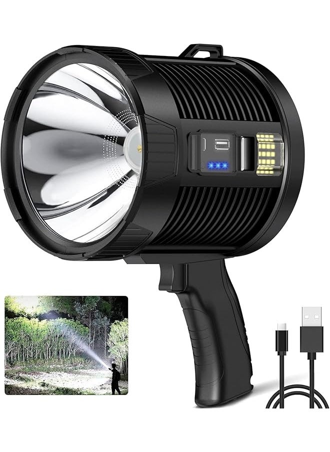 PROMASS promass Rechargeable Spotlight Flashlight 100000 High Lumens, Large LED Powerful Handheld Flashlights with COB Light, 6 Modes, Super Bright Solar Searchlight for Hunting, Camping, Emergencies 
