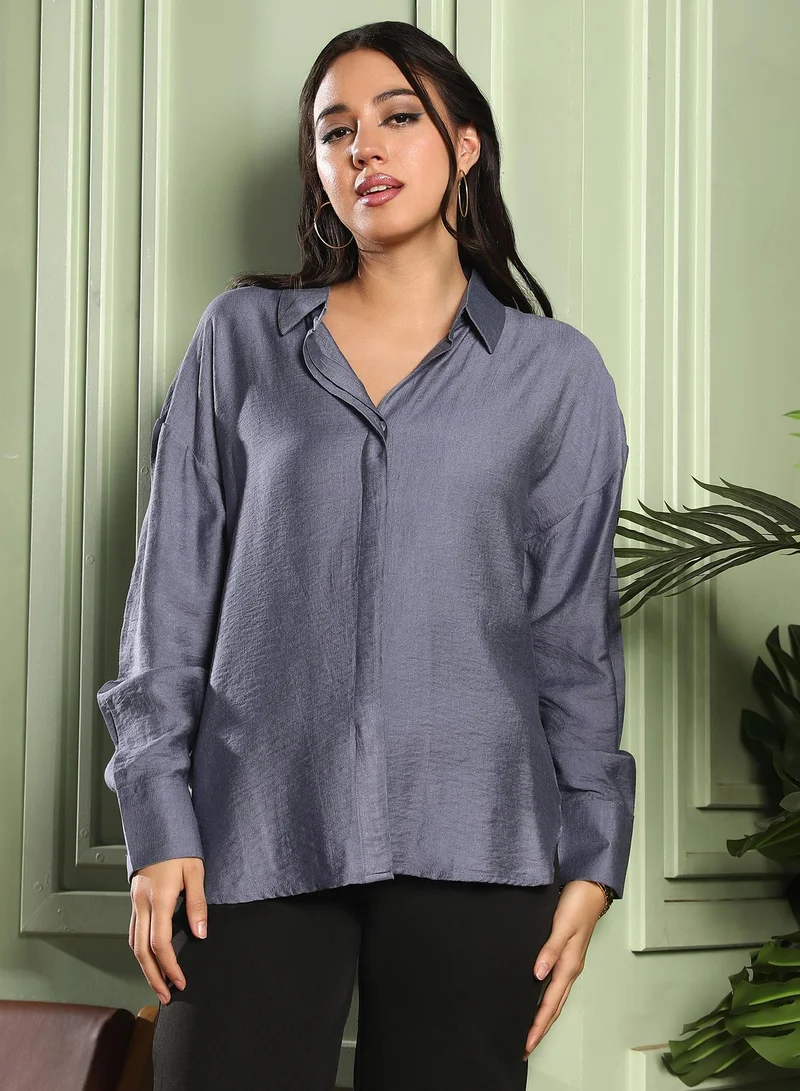 PINACOLADA Women's Steel Grey Solid-Crushed Oversized Shirt
