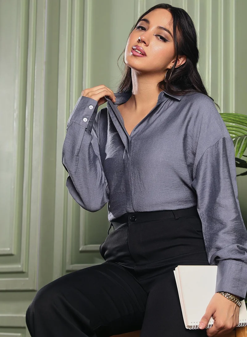Women's Steel Grey Solid-Crushed Oversized Shirt
