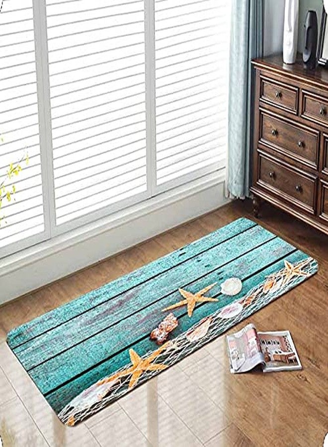 LYFANS سجاد استحمام إسفنجي ماص ناعم للحمام والمطبخ (59x23 بوصة)، سجادة فلانيل غير قابلة للانزلاق بطباعة ثلاثية الأبعاد مشرقة لجانب السرير وغرفة المعيشة (نجمة البحر على لوح خشبي أزرق) - Image 2