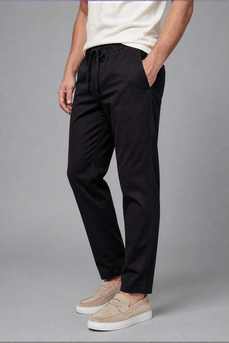 Defacto  Linen Blend Elastic Waist Regular Fit Black Trousers for Men | Best Price UAE