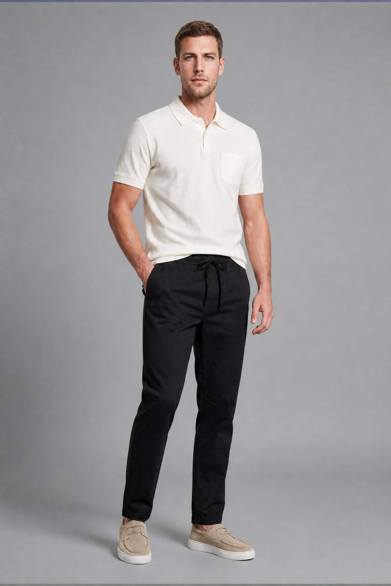Linen Blend Elastic Waist Regular Fit Black Trousers