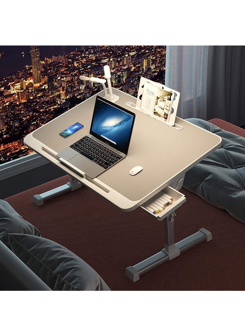 Taimi - Multipurpose Bed Table, Portable Mini Study Desk for Gaming, Eating, and Working, Adjustable Standing Desk with Removable Baffle, 40x60x27-40cm, Folding Bed Tray with Card Slot, USB Charging, Eye Protection Lamp, Drawer, Bookshelf, Anti-Slip Tray, and Hand Guard - Image 1