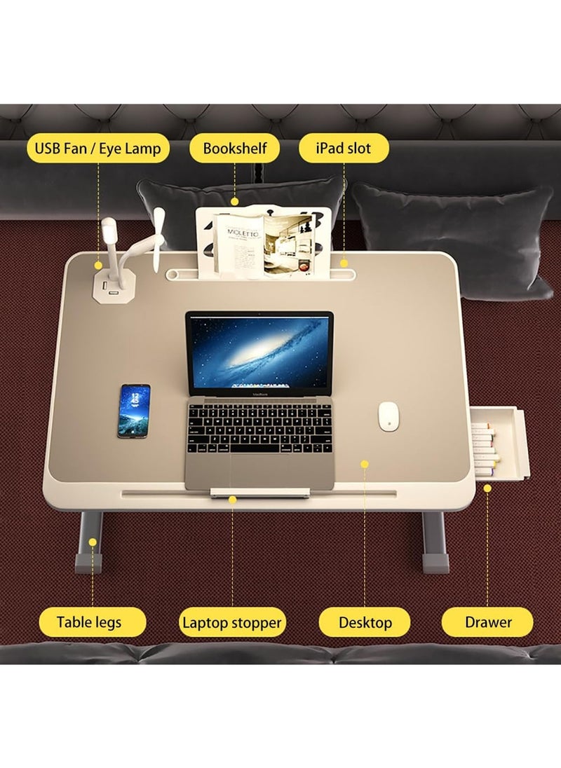 Taimi - Multipurpose Bed Table, Portable Mini Study Desk for Gaming, Eating, and Working, Adjustable Standing Desk with Removable Baffle, 40x60x27-40cm, Folding Bed Tray with Card Slot, USB Charging, Eye Protection Lamp, Drawer, Bookshelf, Anti-Slip Tray, and Hand Guard - Image 1