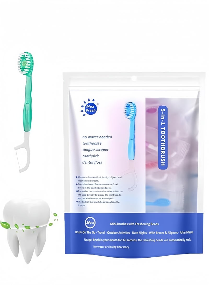 منت مجموعة فرشاة أسنان صغيرة 5 في 1 مع خيط تنظيف الأسنان ومكشطة اللسان وعود الأسنان، فرشاة أسنان صغيرة للاستخدام مرة واحدة مع حبيبات متفجرة، لا تحتاج إلى معجون أسنان، مريحة وسهلة الحمل، تنظف الفم وتنعش النفس، 26 قطعة (بنكهة الشاي الأخضر) - Image 1